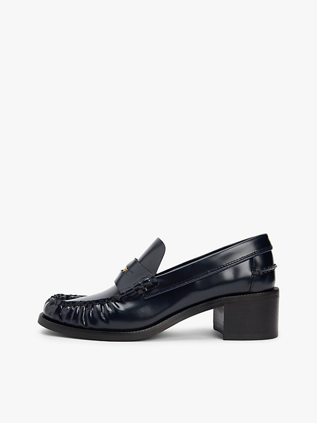 Shiny Leather Block Heel Penny Loafers