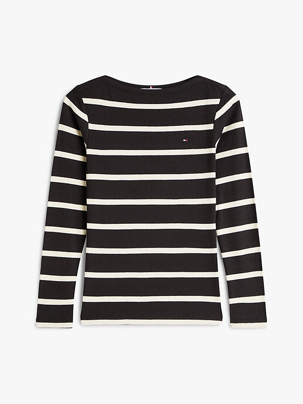 Ribbed Slim Boat Neck Long Sleeve T-Shirt