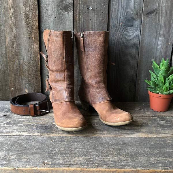 Damen-Lederstiefel mit mittelhohem Blockabsatz und seitlichem Reißverschluss