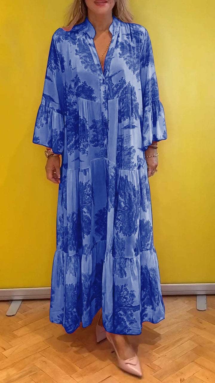 Damen-Sommerkleid mit V-Ausschnitt und Waldmuster Maxikleid