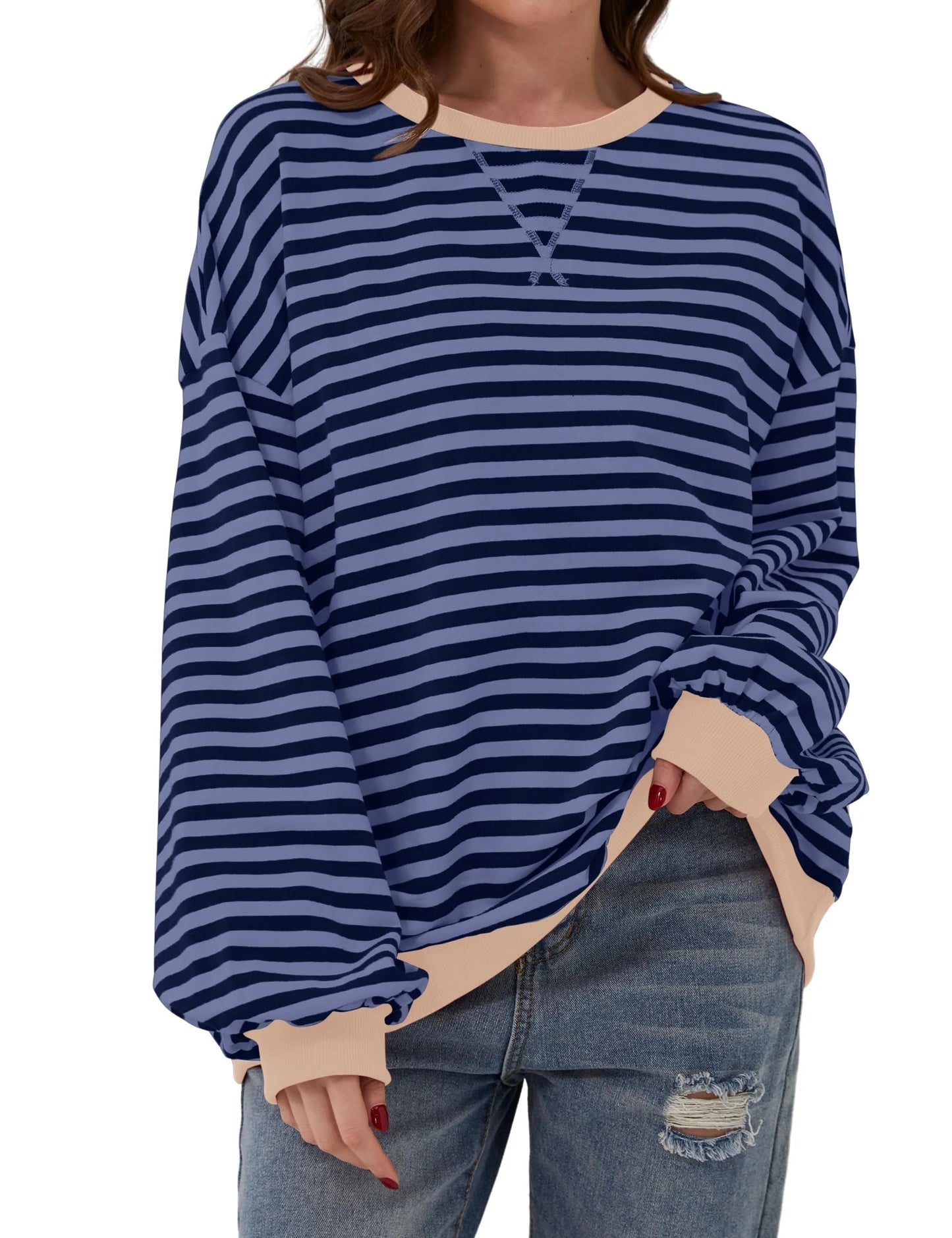 Pull à manches longues rayé oversize pour femme (achetez-en 2, livraison gratuite)