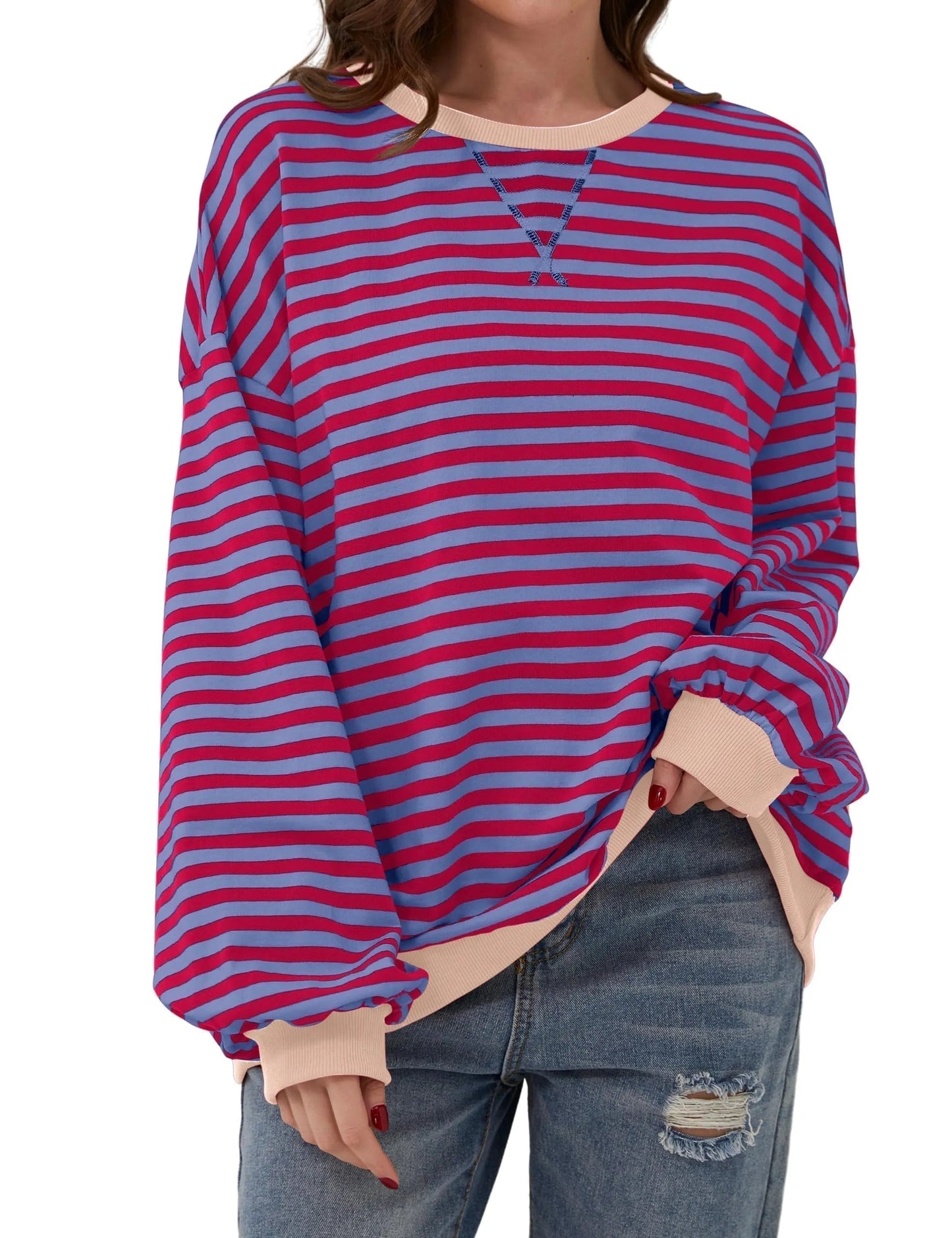 Pull à manches longues rayé oversize pour femme (achetez-en 2, livraison gratuite)