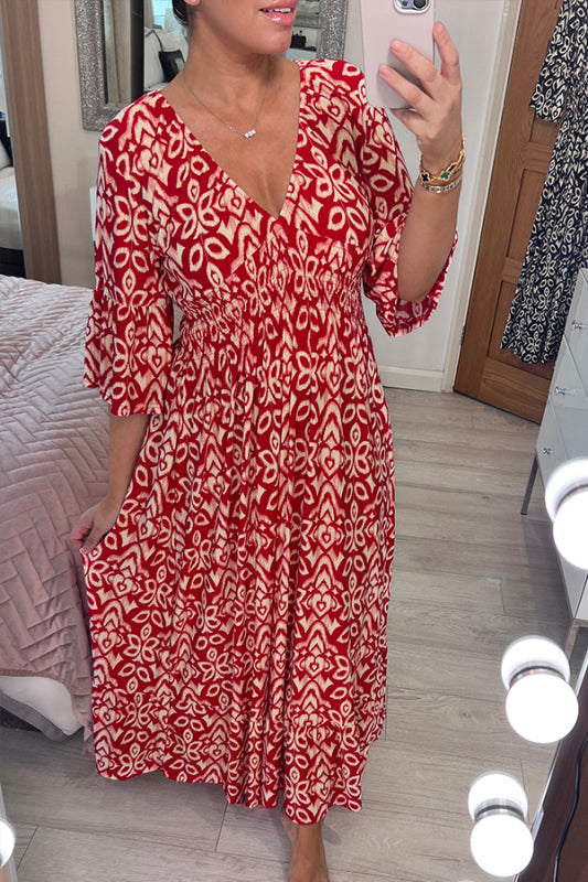 Neues böhmisches Freizeitkleid mit V-Ausschnitt und Print (2 kaufen, kostenloser Versand)
