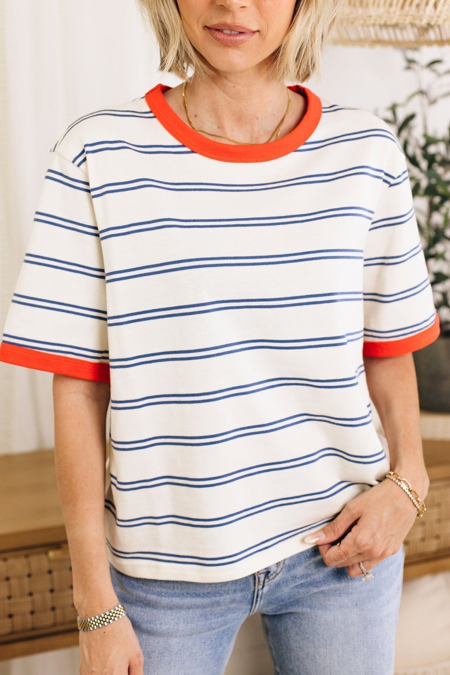 Damen Color Block Kurzarm-Streifen-T-Shirt (2 kaufen, kostenloser Versand)