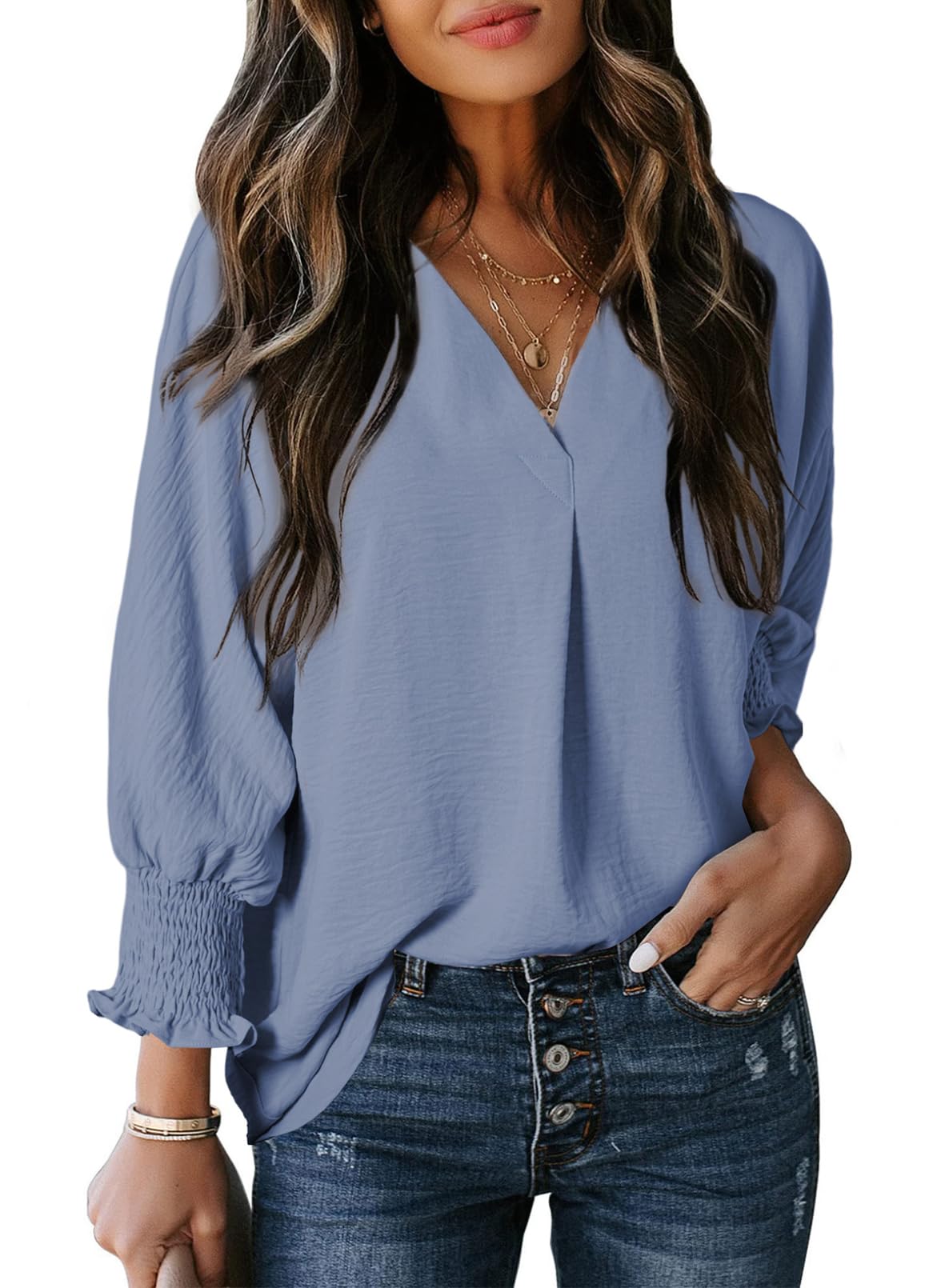 Damen Freizeit 3/4 Ärmel V-Ausschnitt Basic-Oberteile (2 kaufen, kostenloser Versand)