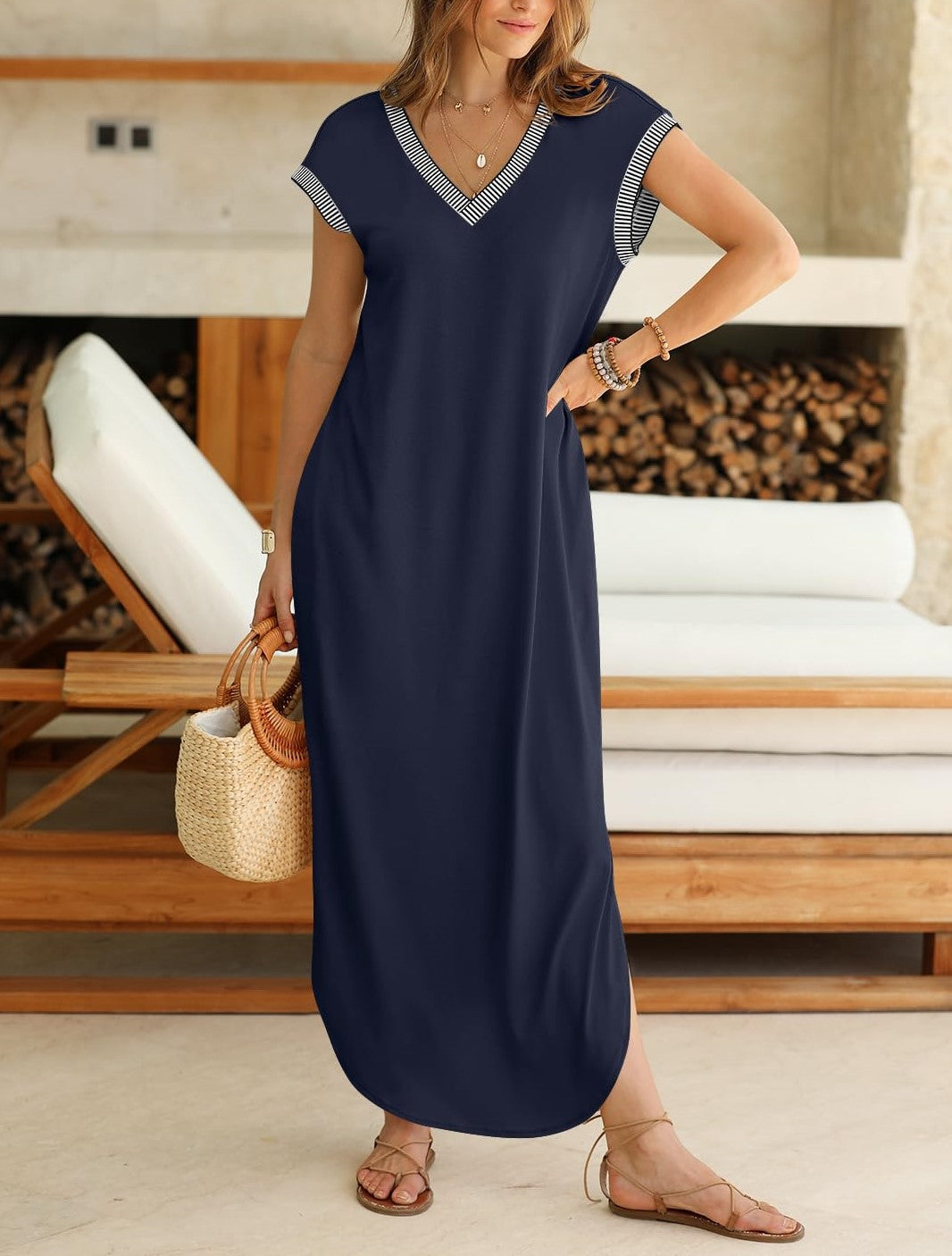 Damen V-Ausschnitt Schlitz Langes, lockeres Kleid (2 kaufen, kostenloser Versand)