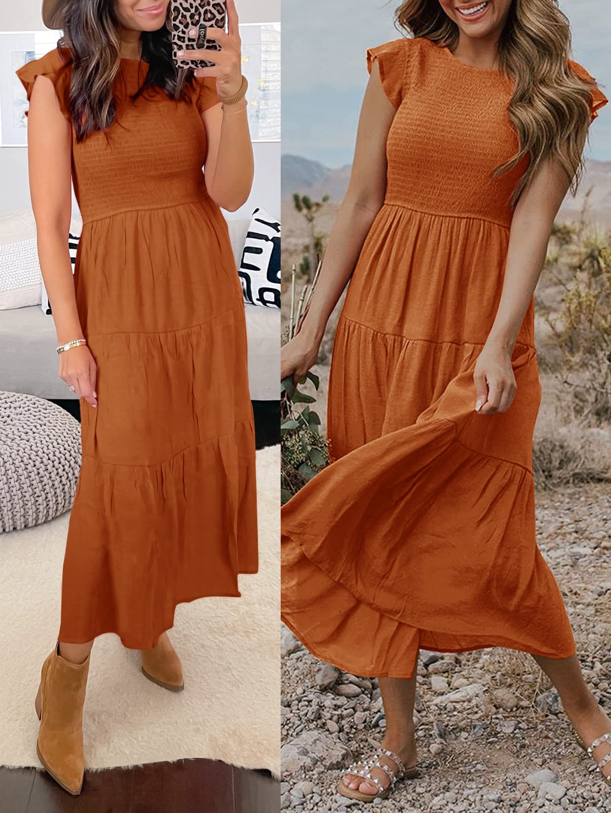 Damen Sommer Freizeit Rüschenärmel Midikleid