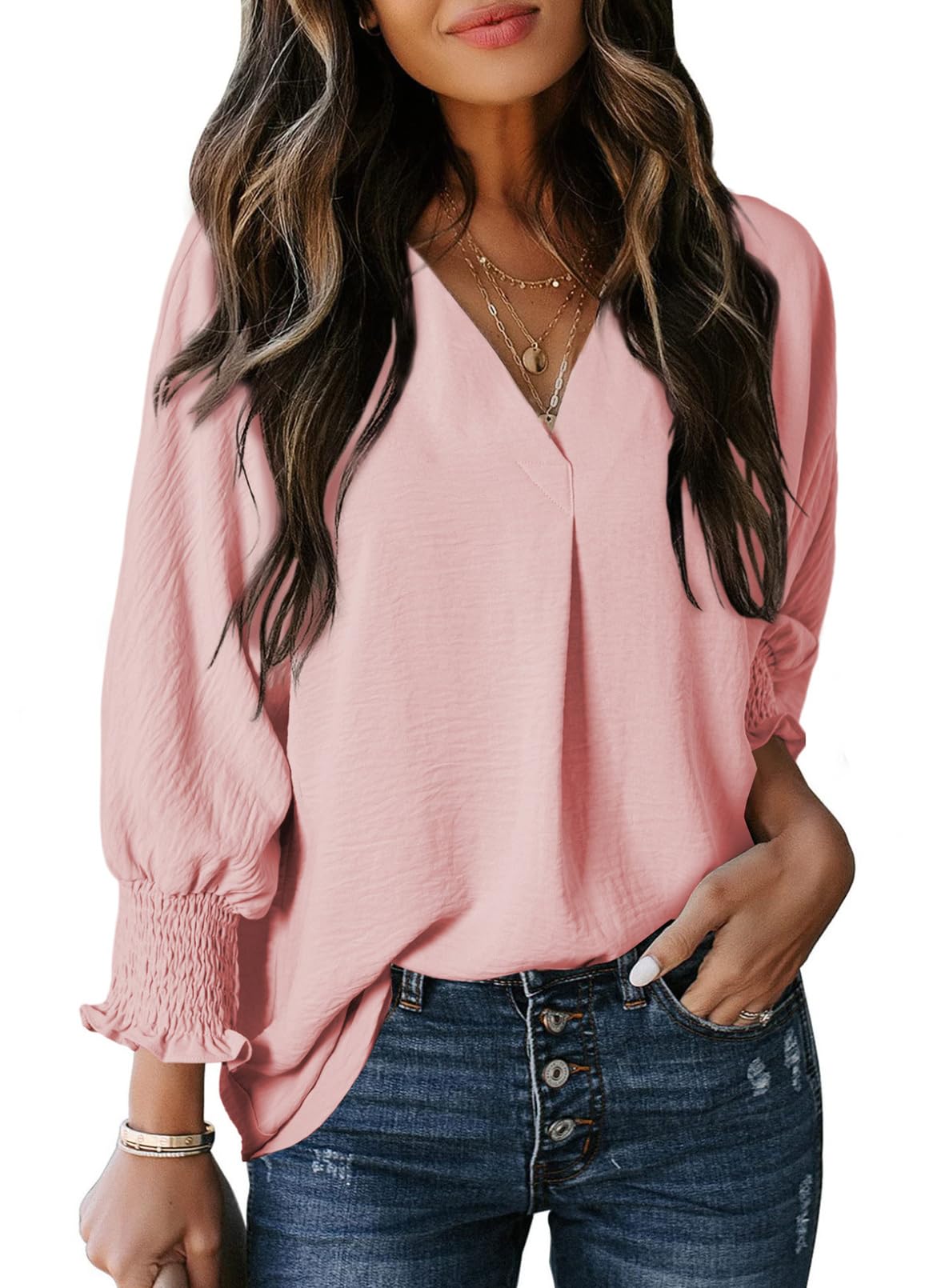 Damen Freizeit 3/4 Ärmel V-Ausschnitt Basic-Oberteile (2 kaufen, kostenloser Versand)