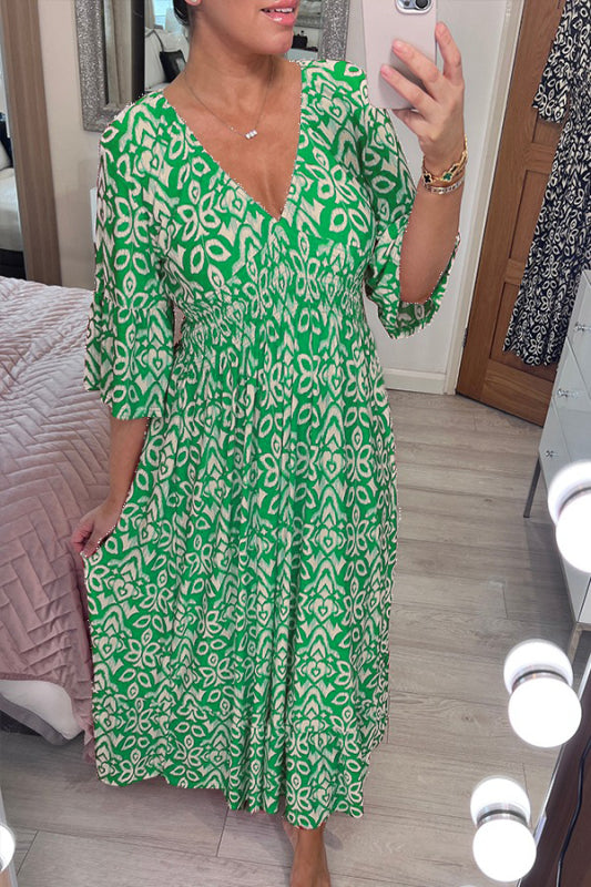 Neues böhmisches Freizeitkleid mit V-Ausschnitt und Print (2 kaufen, kostenloser Versand)