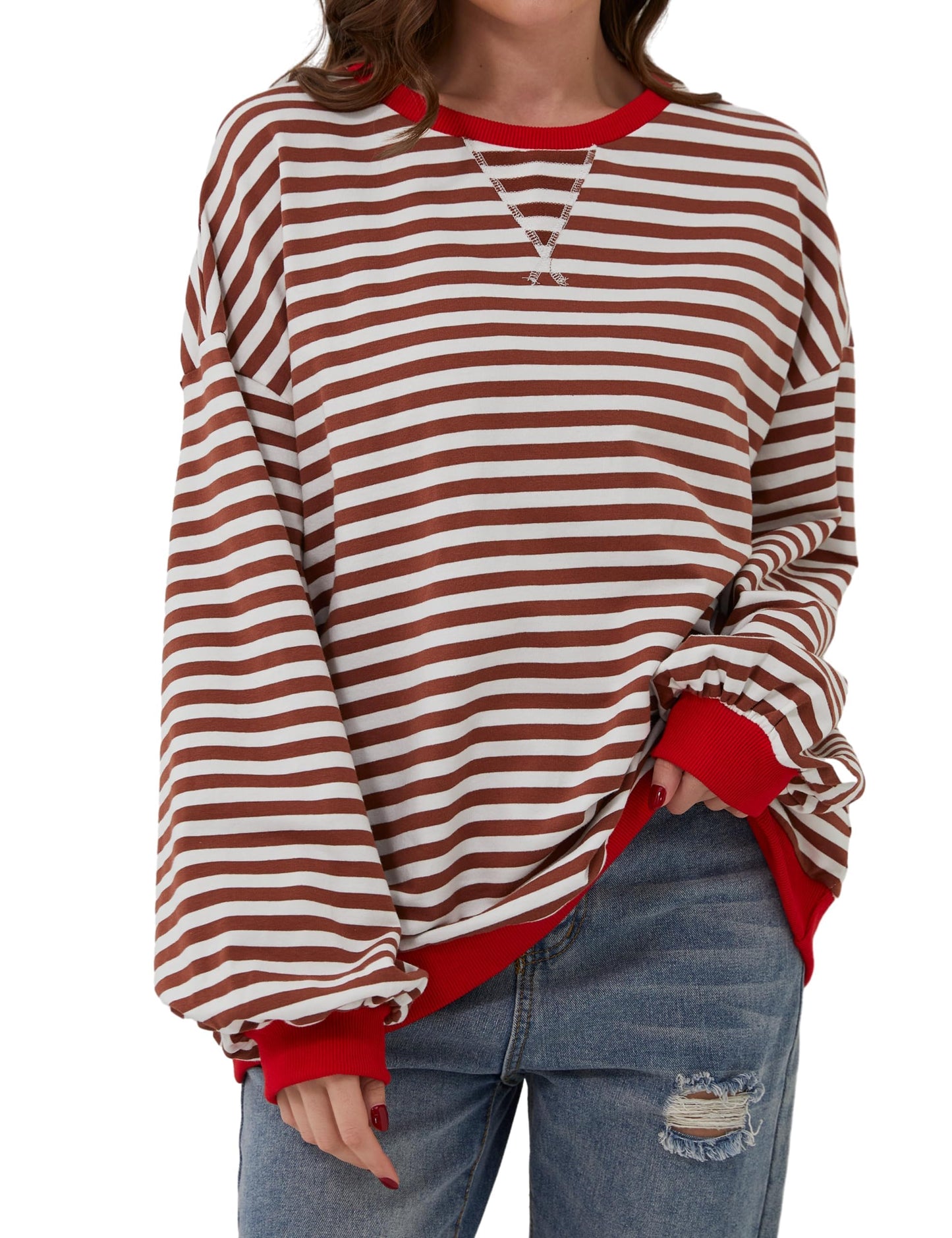 Pull à manches longues rayé oversize pour femme (achetez-en 2, livraison gratuite)