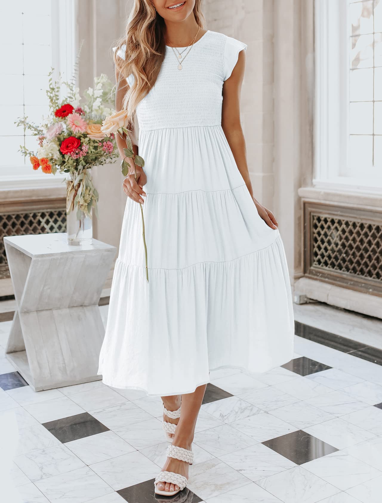 Damen Sommer Freizeit Rüschenärmel Midikleid