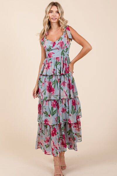 Mittoshop Layered Floral Sweetheart Neck Maxikleid