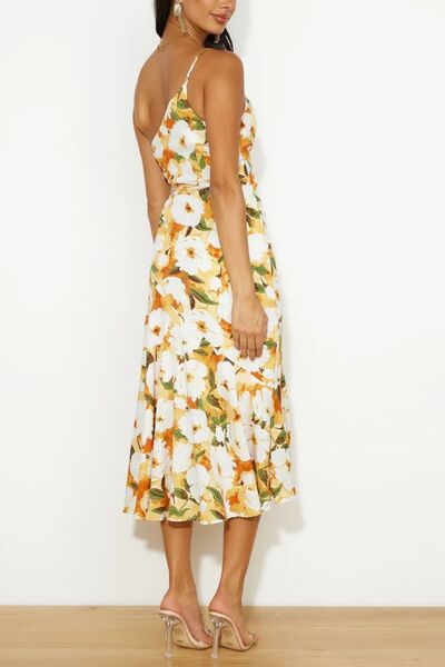 Robe midi asymétrique imprimée froncée