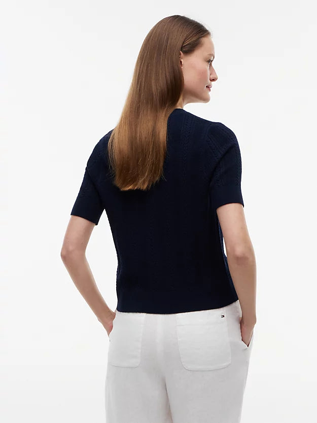 Pointelle Gold-Tone Button Short Sleeve Cardigan