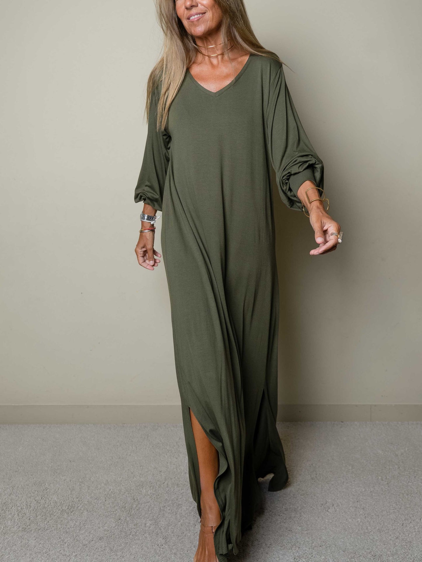 Robe longue décontractée pour femme à col en V
