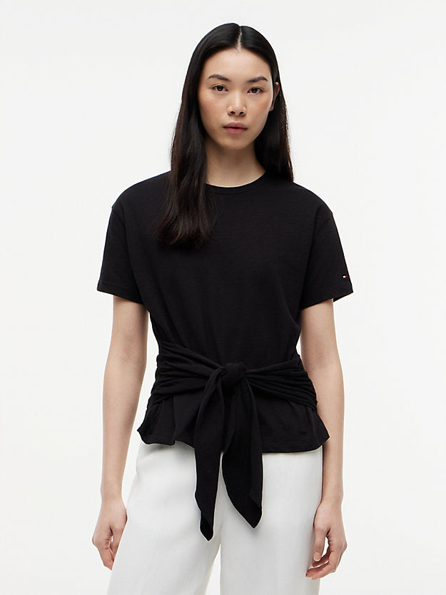 Self-Tie Textured Relaxed Crew Neck T-Shirt