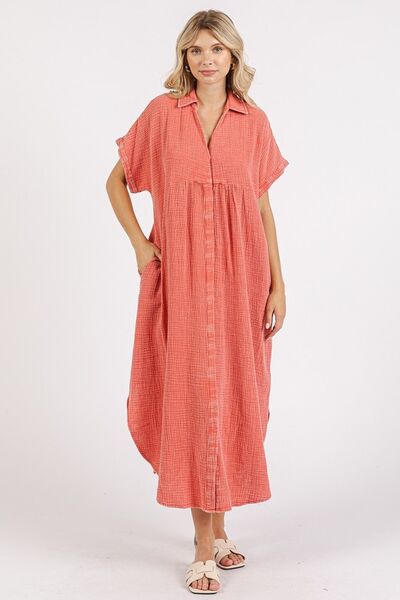 Mittoshop V-Ausschnitt Midi-Hemdblusenkleid in Mineralwaschung