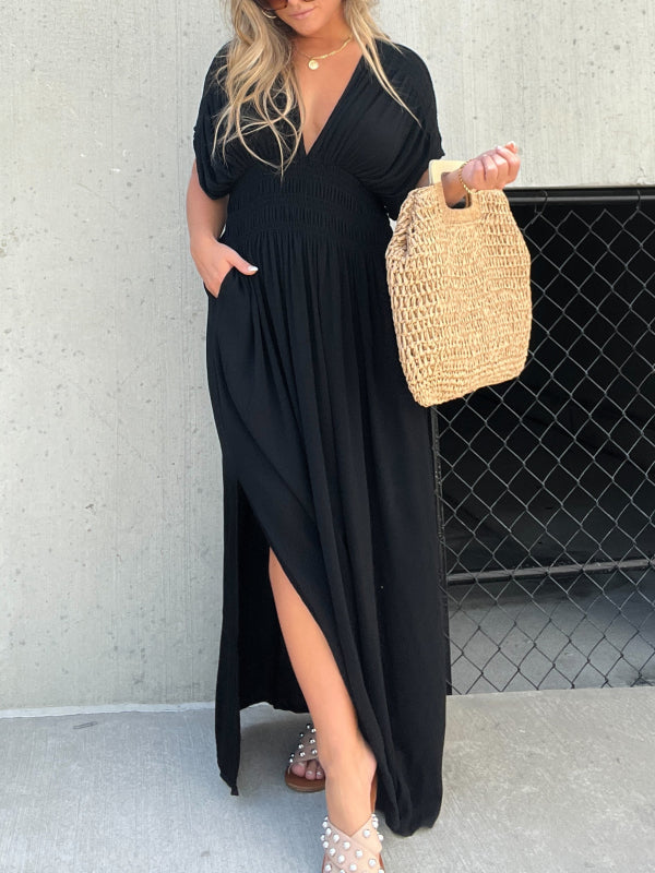 Kleid mit V-Ausschnitt, Schlitz und geraffter Taille (2 kaufen, kostenloser Versand)