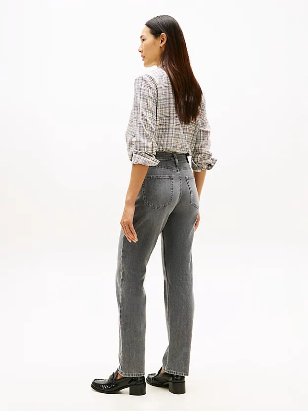 Whiskered Mid Rise Straight Leg Jeans