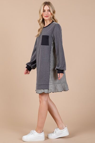 Robe sweat molletonnée Ces Femme à col rond, rayée et patchwork