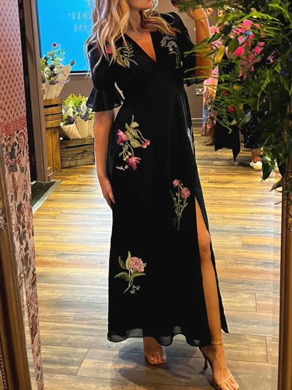 NOUVEAU🔥 Robe volantée col en V brodée florale - Sans taxes