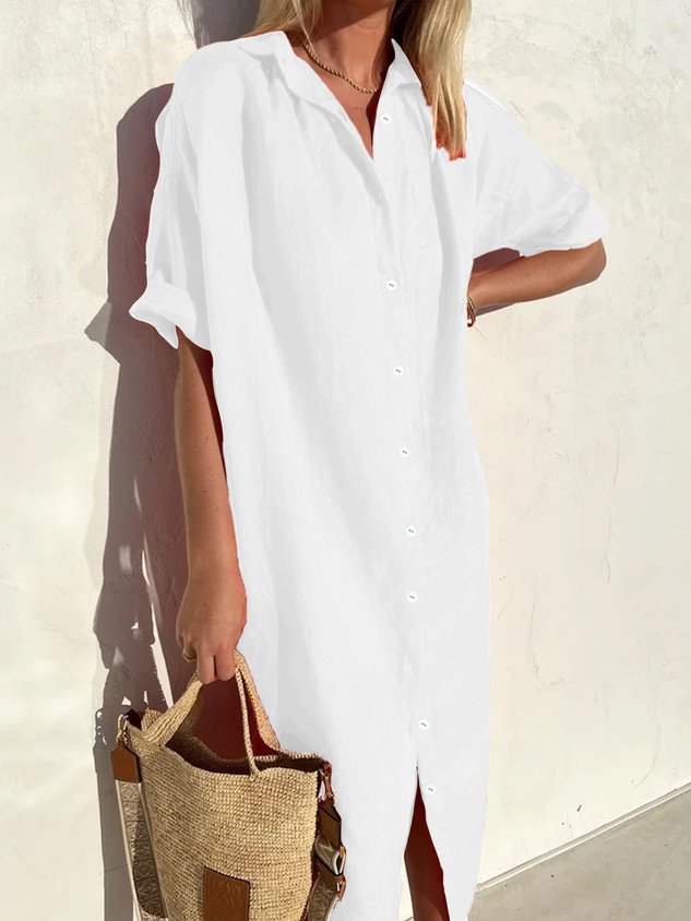 Robe Femme Ample Décontractée Élégante Manches Mi-longues Boutonnée en Coton Lin