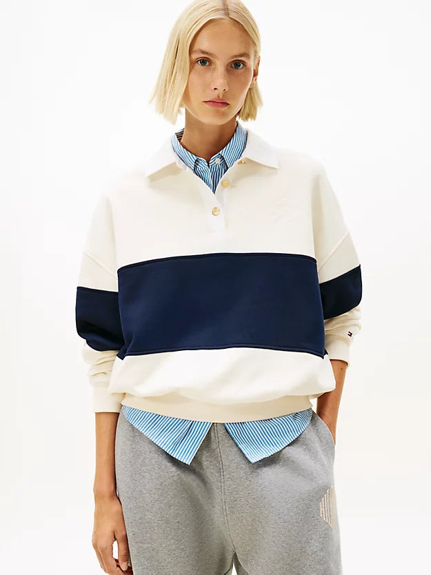 Gold-Tone Button Relaxed Rugby Sweatshirt