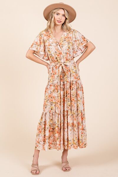 Mittoshop Geblümtes Kleid mit Bindegürtel und Stufenrock
