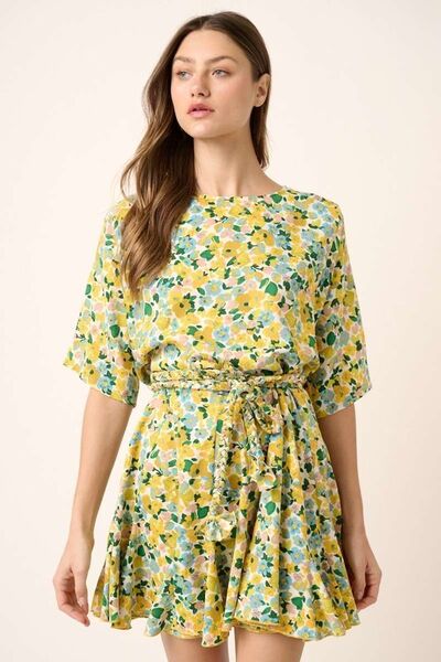 Mittoshop Geblümtes Minikleid mit halblangen Ärmeln und Taillenbindung