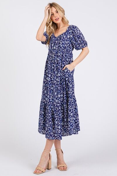 Ces Femme geblümtes Midikleid mit eckigem Ausschnitt und Puffärmeln