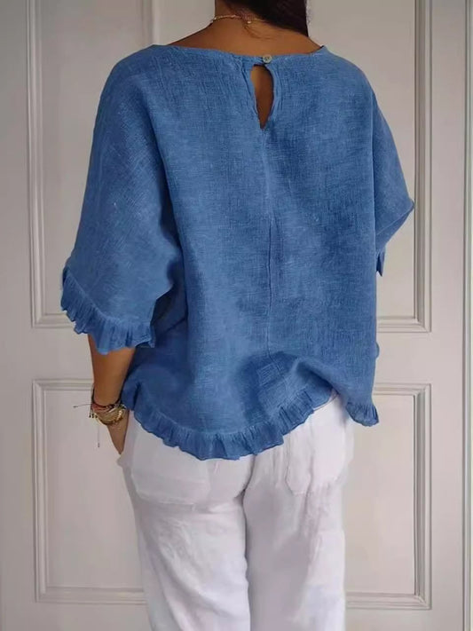 🔥Vente liquidation🔥 Top femme à col rond en coton et lin à volants