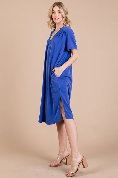 Ces Femme Midi-Kleid mit Seitenschlitz, kurzen Ärmeln und Taschen
