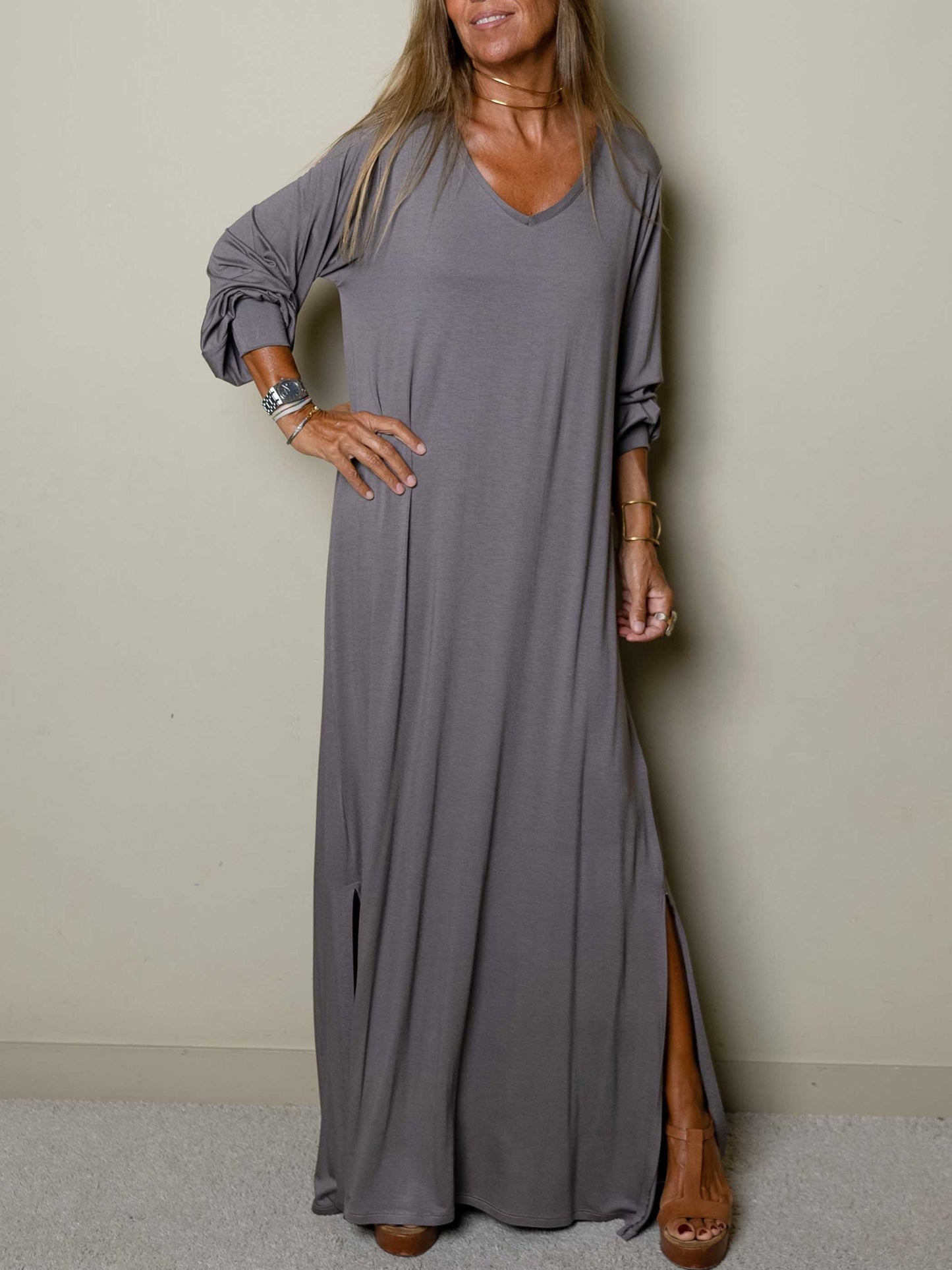 Robe longue décontractée pour femme à col en V