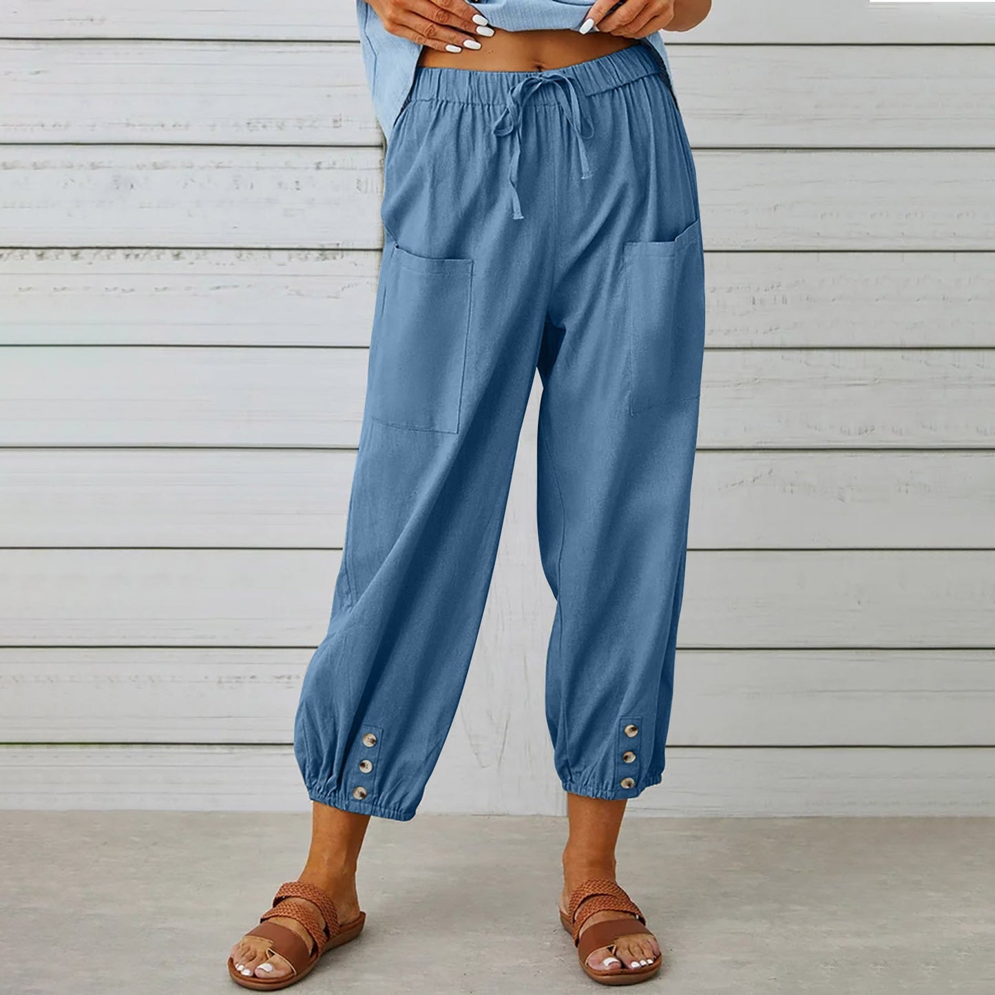 Damenhosen High-Waist-Hose mit Knopfleiste aus Baumwolle und Hanf Dreiviertelhose weites Bein
