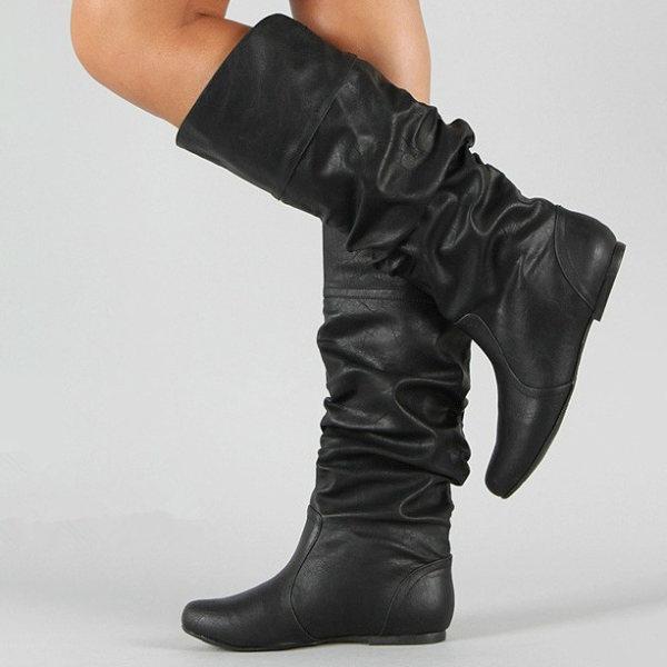Bottes plissées plates montantes pour femmes automne et hiver