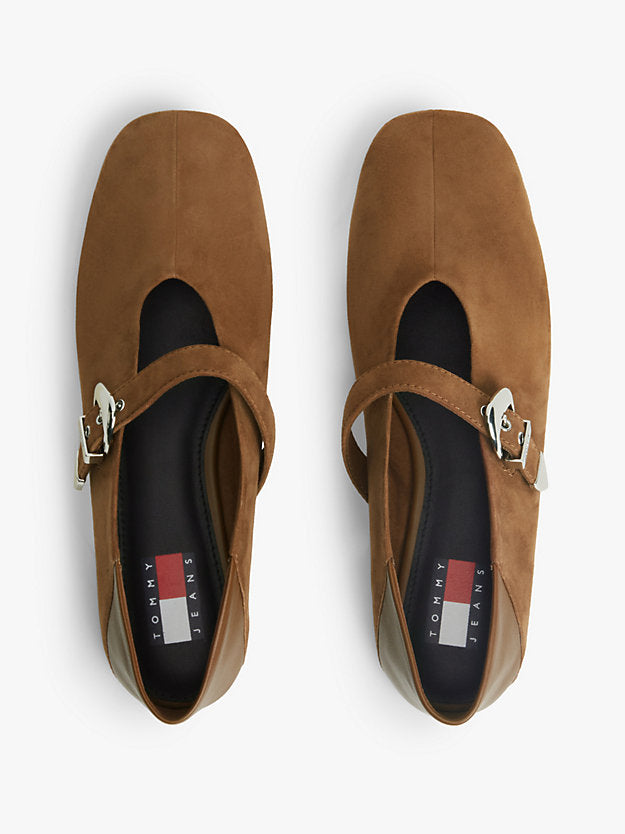 Suede Buckle Square Toe Ballerinas