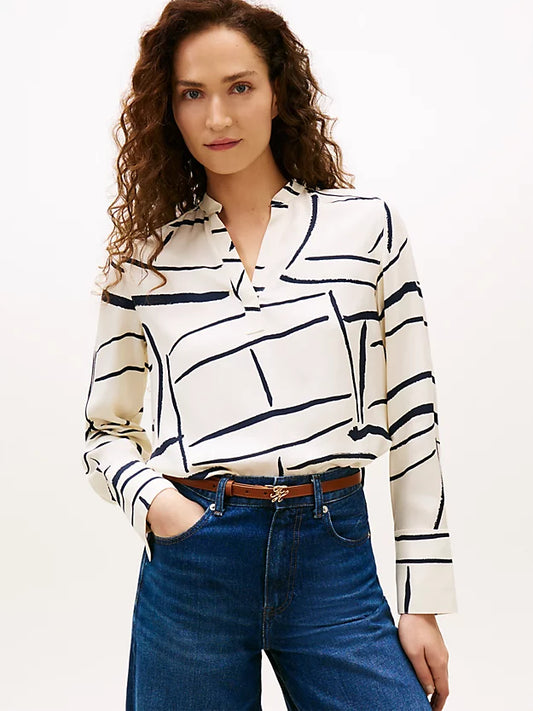 Relaxed Fit Gold-Tone Button V-Neck Blouse