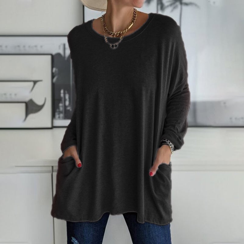 🔥VENTE FLASH -49 % DE RÉDUCTION-T-shirt uni à manches longues et col rond avec poches