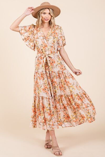 Mittoshop Geblümtes Kleid mit Bindegürtel und Stufenrock