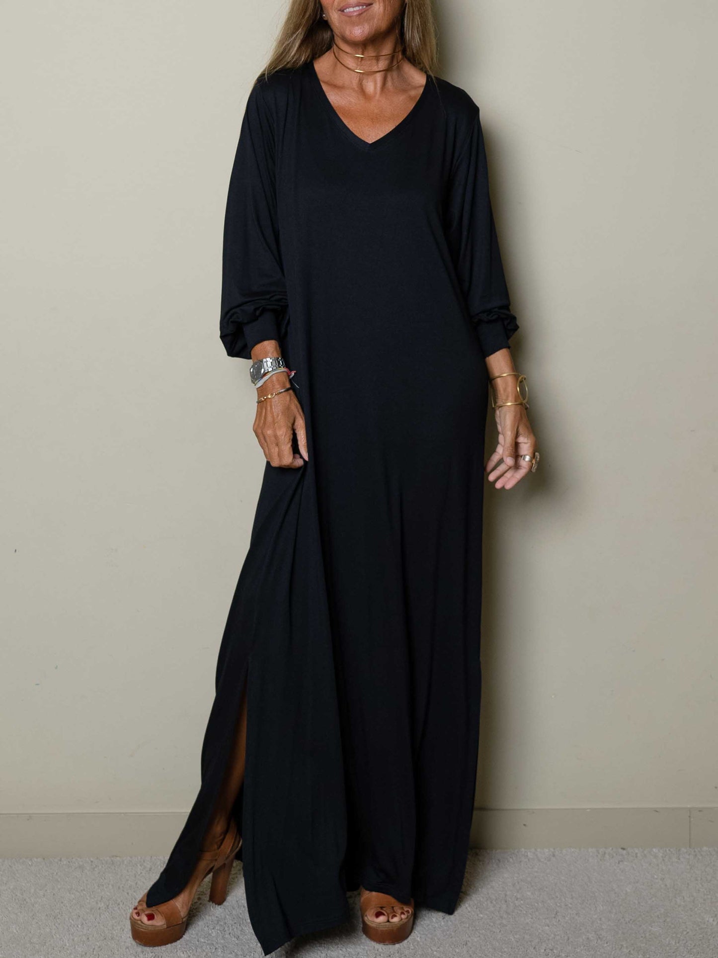 Robe longue décontractée pour femme à col en V