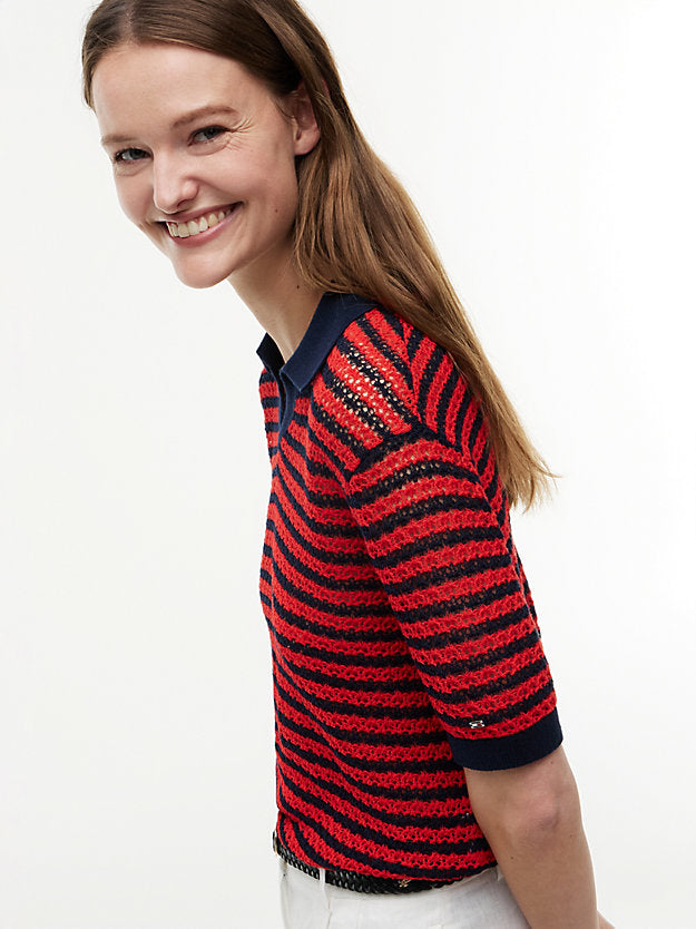 Pointelle Relaxed Short Sleeve Polo Jumper