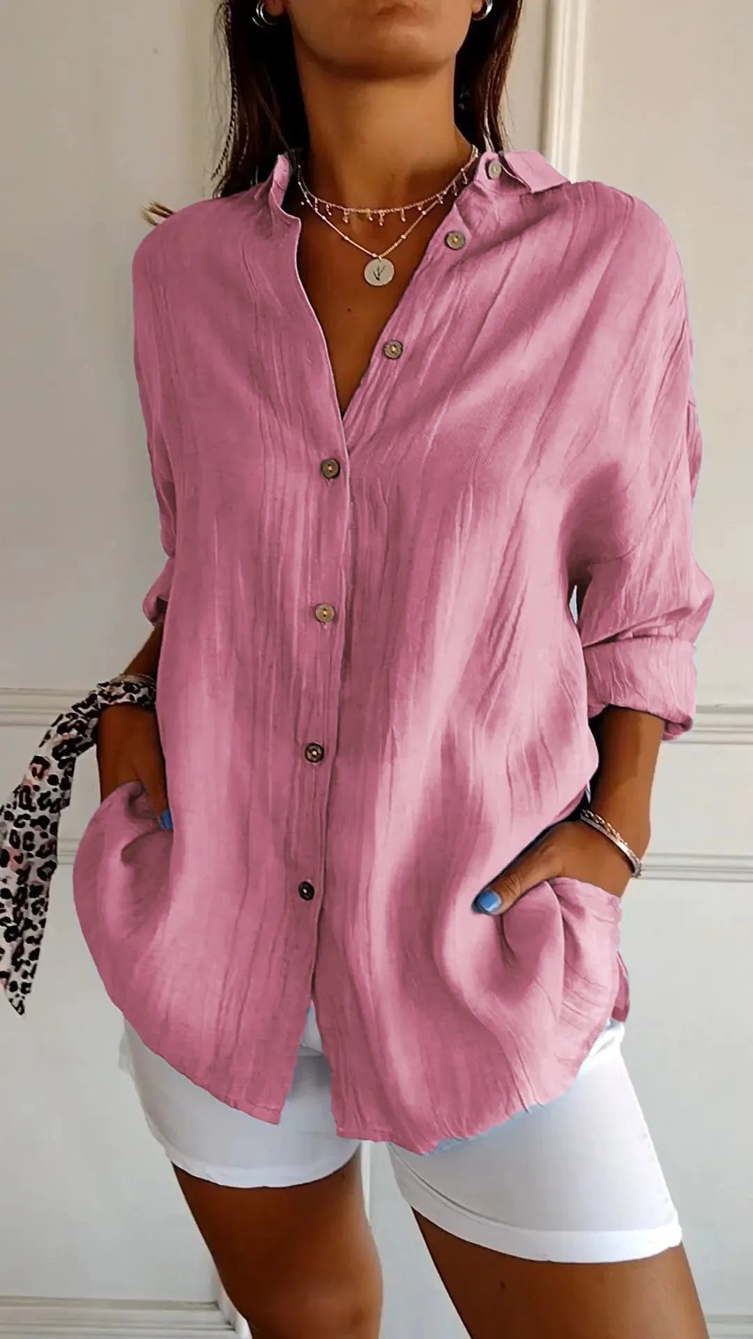 🌷Chemise classique plissée texturée à revers et simple boutonnage pour femme