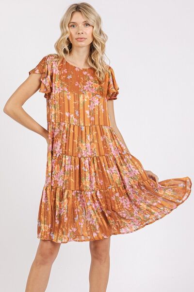 Robe étagée à col rond et manches courtes évasées à imprimé floral Mittoshop
