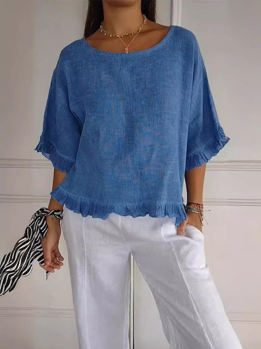 🔥Vente liquidation🔥 Top femme à col rond en coton et lin à volants