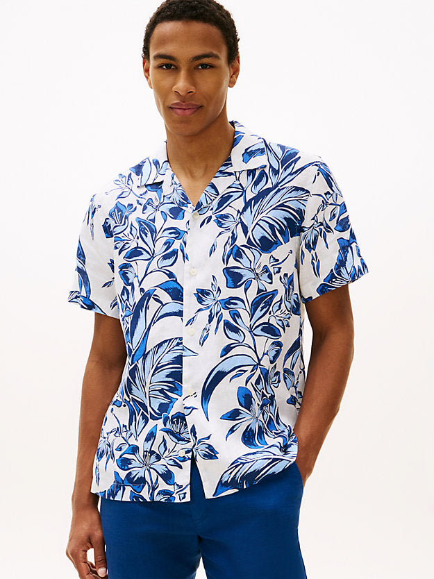 Regular Fit Floral Print Linen Short Sleeve Shirt