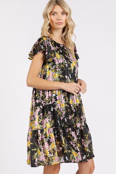 Mittoshop Blumenmuster Rundhals-Kleid mit flatternden Ärmeln und Stufenrock