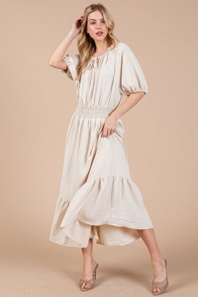 Ces Femme Gesmoktes Kleid mit elastischem Bund, Bindekragen und Puffärmeln