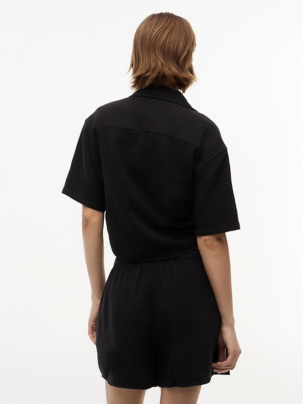 Crinkle Tie Front Short Sleeve Shirt