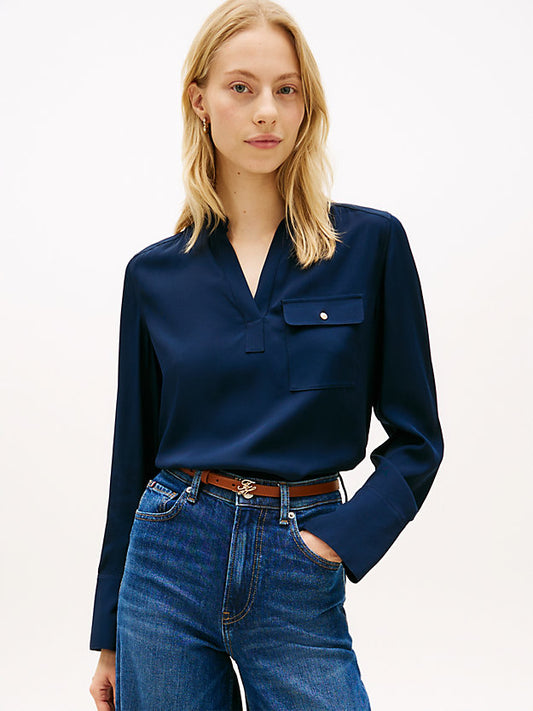 Relaxed Fit Gold-Tone Button V-Neck Blouse