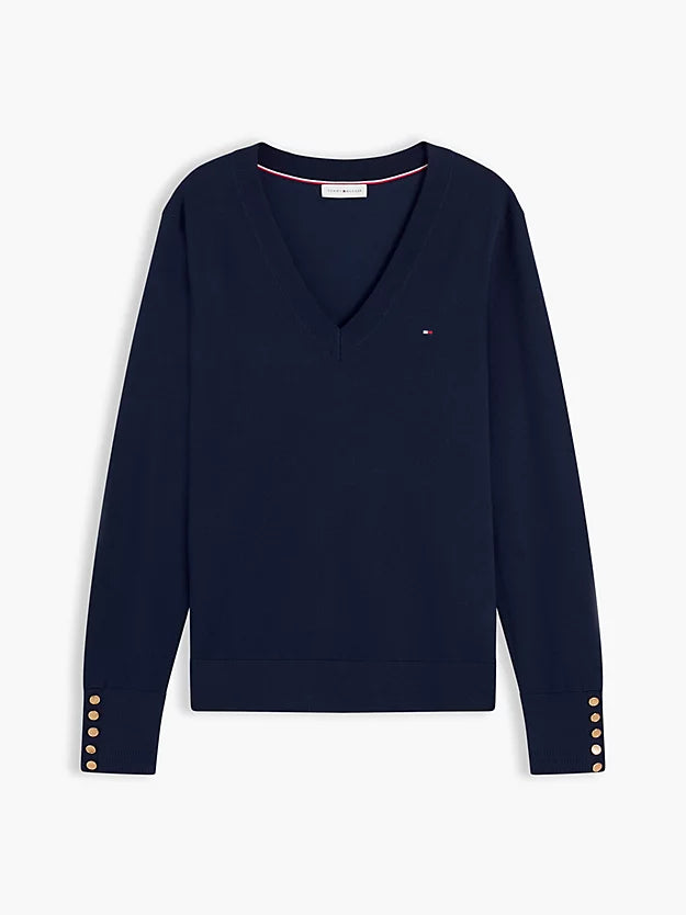 Gold-Tone Button Cuff V-Neck Jumper